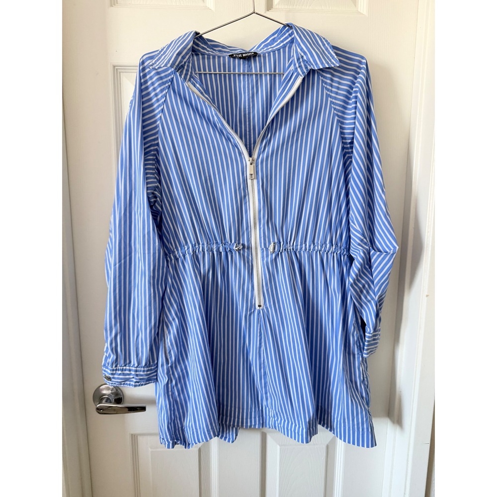 Steve Madden Blue White Striped Half Zip Drawstring Waist Tunic Top Medium